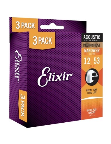 Elixir Acoustic Nanoweb Phosphor Bronze Light 3-Pack