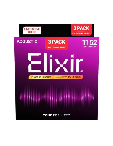 Elixir Phosphor Bronze Bonus Pack Nanoweb Custom-Light